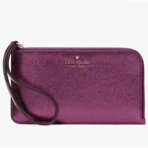 NWT, KATE SPADE LUCY MED. L ZIP METALLIC LEATHER WRISTLET, DARK RASPBERRY